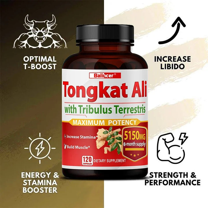 Suplemento Tongkat Ali+ Tribulus Terrestris ayuda a desarrollar fuerza muscular, inmunidad, combate la fatiga, apoya el crecimiento muscular