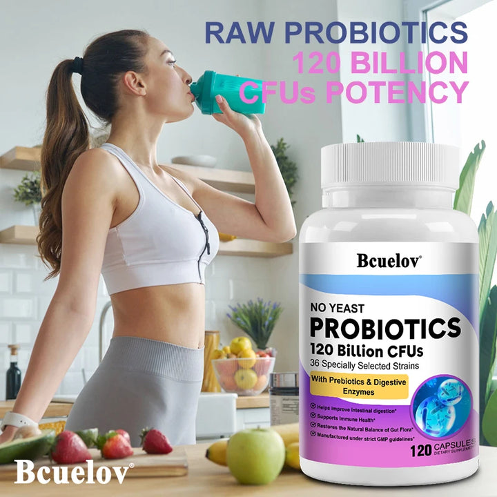 120 Billion Probiotics Contiene prebióticos y enzimas digestivas para mejorar la digestión intestinal y respaldar la salud inmunológica