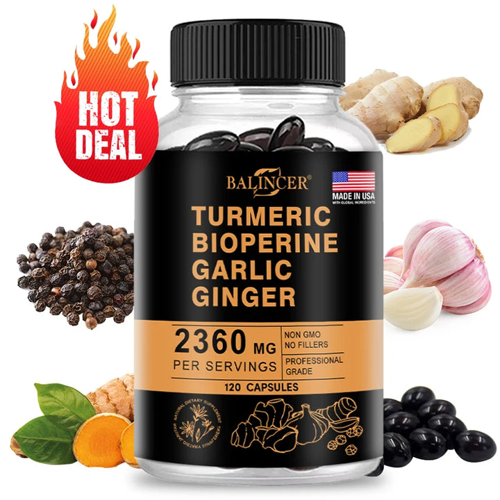 Cúrcuma y jengibre con pepperina 2360 mg con ajo, curcumina, pimienta negra, para apoyo articular,