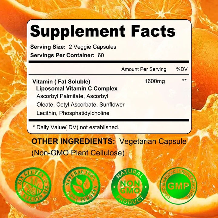 Vitamina C Liposomal (ácido ascórbico)- 1600 mg Lecitina Formación de colágeno - Antioxidante, energético