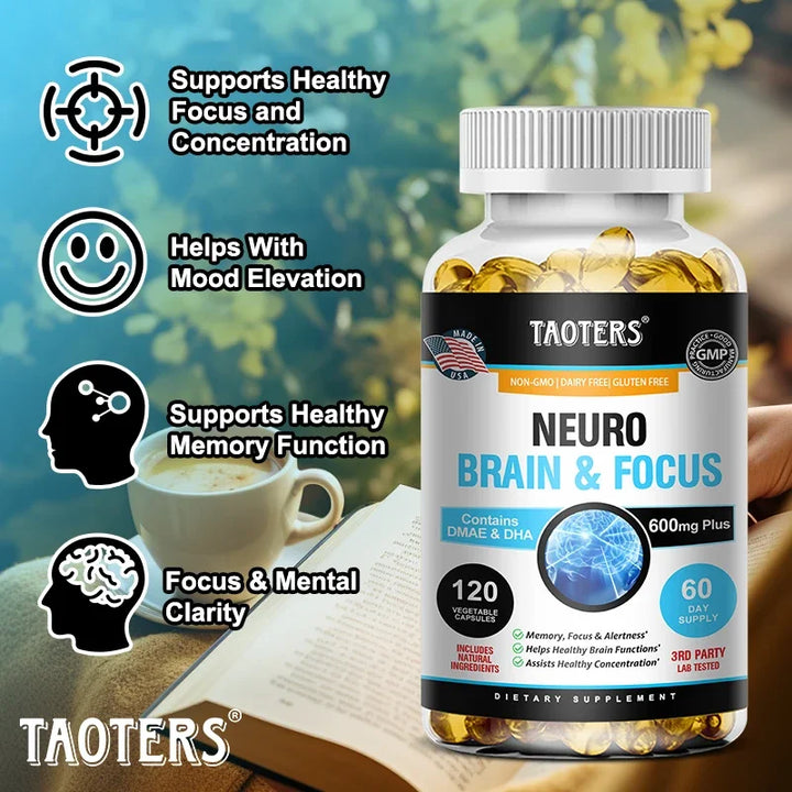 Neuro Brain & Focus  Las cápsulas contienen DMAE y DHA para el enfoque, la memoria, la claridad mental, la mejora del estado de ánimo y la concentración.