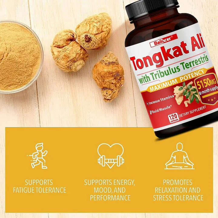 Suplemento Tongkat Ali+ Tribulus Terrestris ayuda a desarrollar fuerza muscular, inmunidad, combate la fatiga, apoya el crecimiento muscular