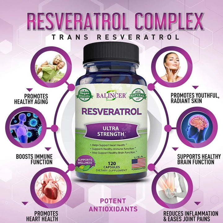 Resveratrol Complex apoya la salud cardiovascular, protege las arterias, estimula el sistema inmunológico y promueve una piel suave