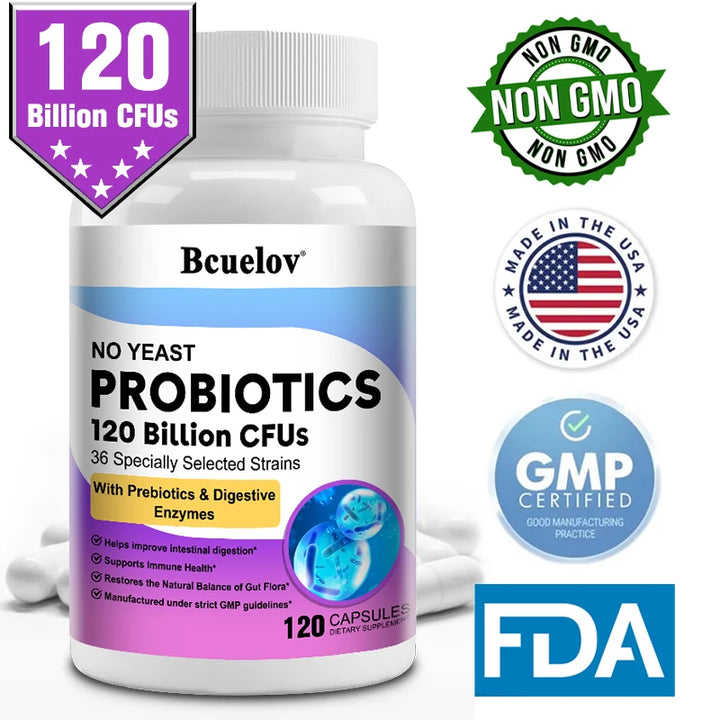 120 Billion Probiotics Contiene prebióticos y enzimas digestivas para mejorar la digestión intestinal y respaldar la salud inmunológica