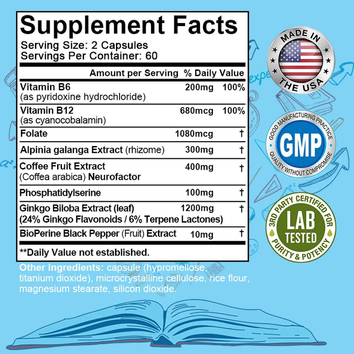 Fórmula para el cerebro y el enfoque - 2200 mg de refuerzo cerebral con B6, B12 - Ayuda a mejorar la memoria, el enfoque y el pensamiento claro