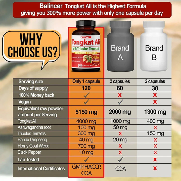 Suplemento Tongkat Ali+ Tribulus Terrestris ayuda a desarrollar fuerza muscular, inmunidad, combate la fatiga, apoya el crecimiento muscular