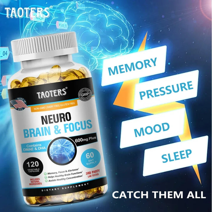 Neuro Brain & Focus  Las cápsulas contienen DMAE y DHA para el enfoque, la memoria, la claridad mental, la mejora del estado de ánimo y la concentración.