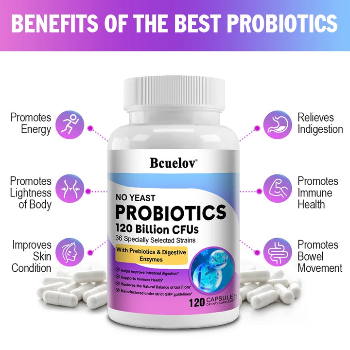 120 Billion Probiotics Contiene prebióticos y enzimas digestivas para mejorar la digestión intestinal y respaldar la salud inmunológica