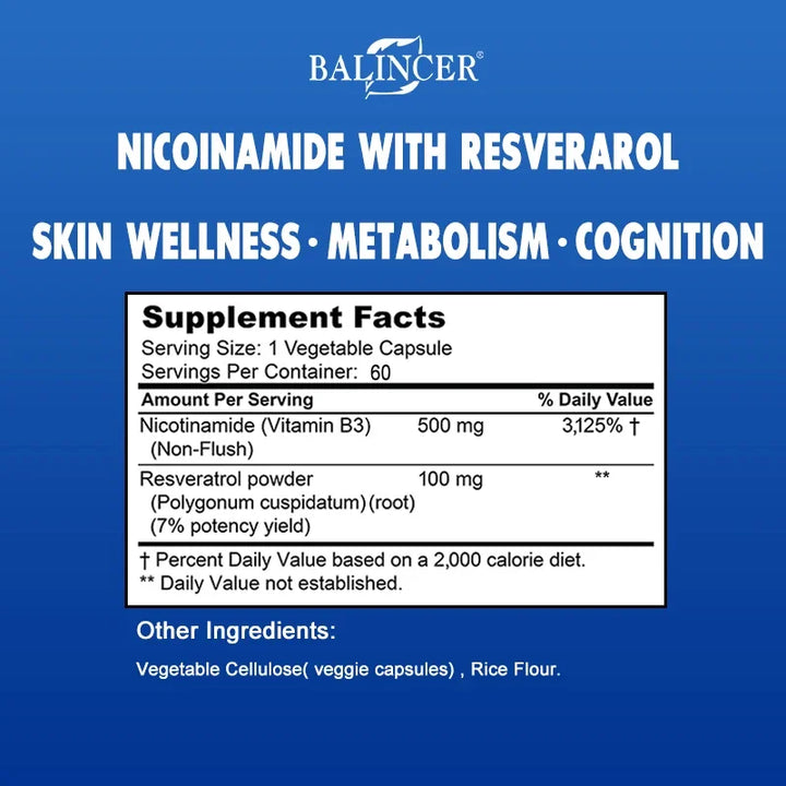 Nicotinamide 500mg + Resveratrol 100mg  Regenerador Celular Ribósido de nicotinamida