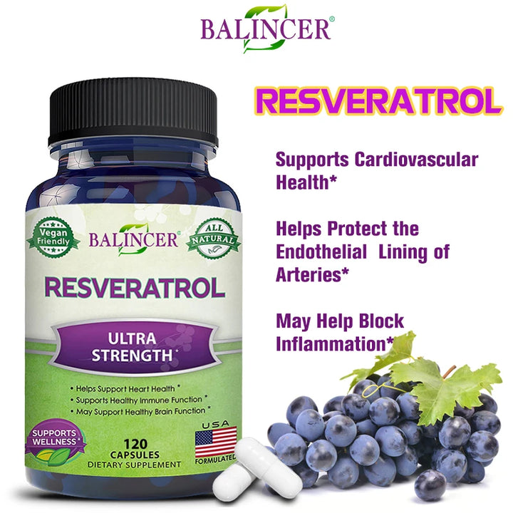 Resveratrol Complex apoya la salud cardiovascular, protege las arterias, estimula el sistema inmunológico y promueve una piel suave