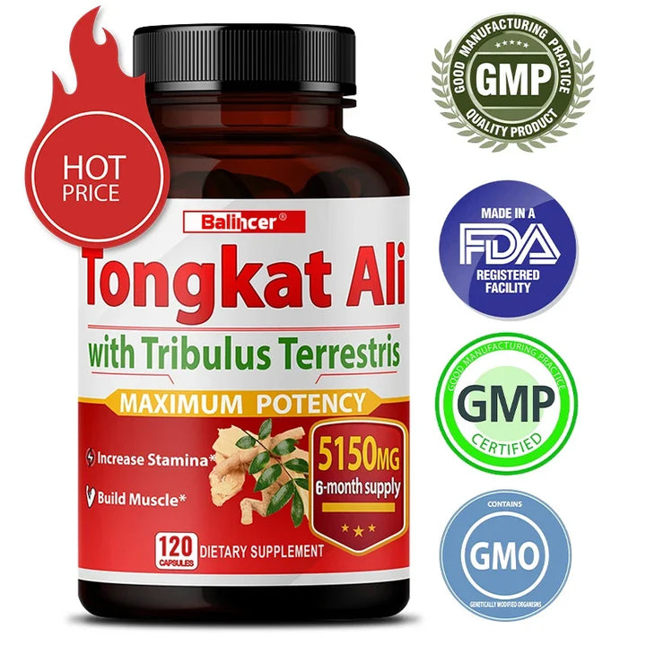 Suplemento Tongkat Ali+ Tribulus Terrestris ayuda a desarrollar fuerza muscular, inmunidad, combate la fatiga, apoya el crecimiento muscular